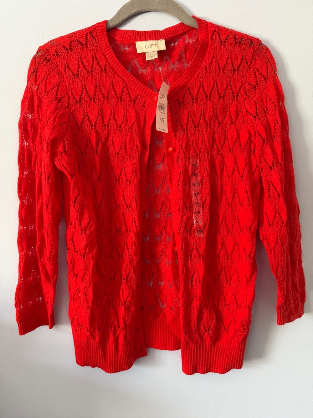 LOFT Red Openwork Button-Front Cardigan